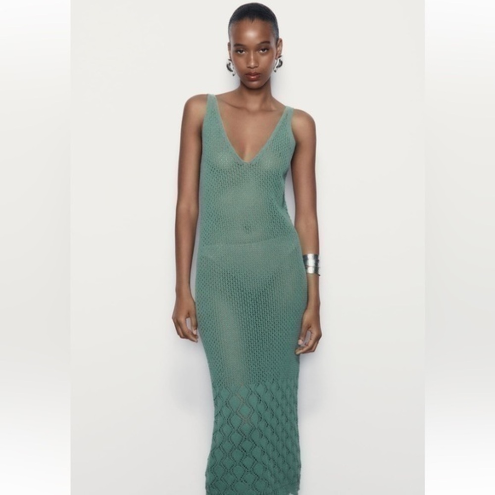 Zara NWT Green Crochet Knit Midi Dress Open Back Sleeveless Size S 7901/870